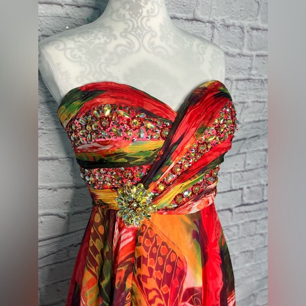 Frenchy by Heather French Henry Colorful Boho Strapless Chiffon Maxi Gown - Picture 11 of 12